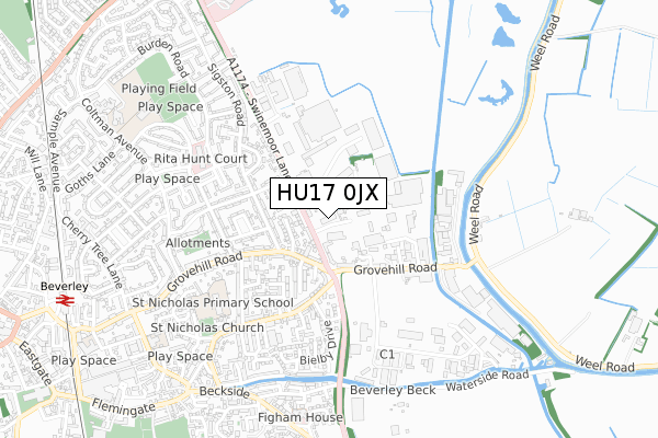 HU17 0JX map - small scale - OS Open Zoomstack (Ordnance Survey)