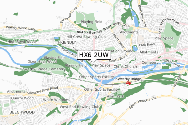 HX6 2UW map - small scale - OS Open Zoomstack (Ordnance Survey)