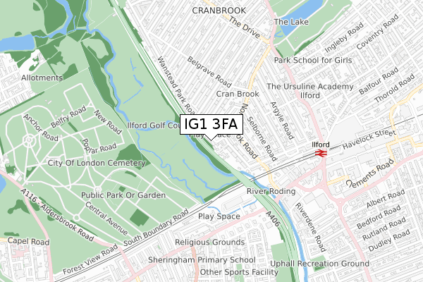 IG1 3FA map - small scale - OS Open Zoomstack (Ordnance Survey)