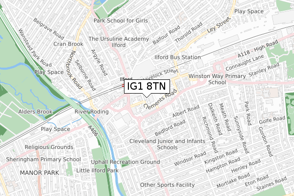 IG1 8TN map - small scale - OS Open Zoomstack (Ordnance Survey)