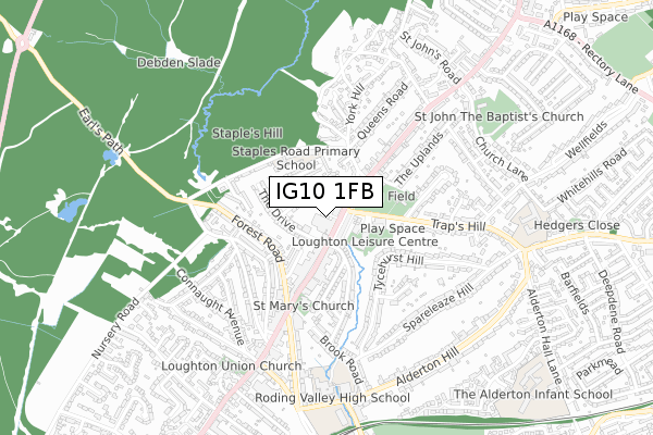 IG10 1FB map - small scale - OS Open Zoomstack (Ordnance Survey)