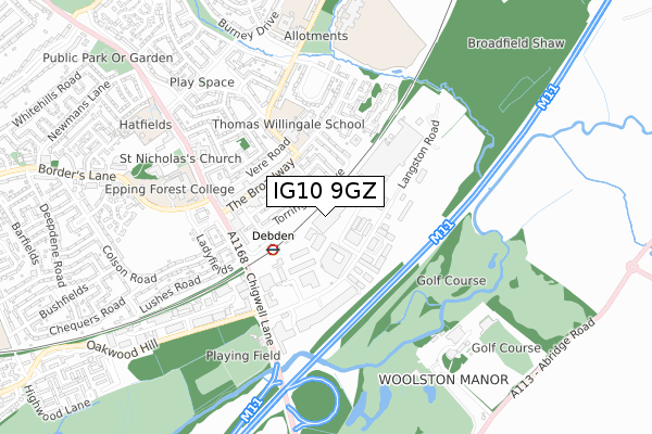 IG10 9GZ map - small scale - OS Open Zoomstack (Ordnance Survey)
