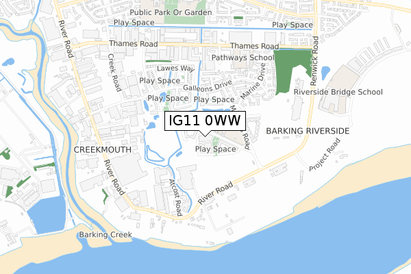 IG11 0WW map - small scale - OS Open Zoomstack (Ordnance Survey)