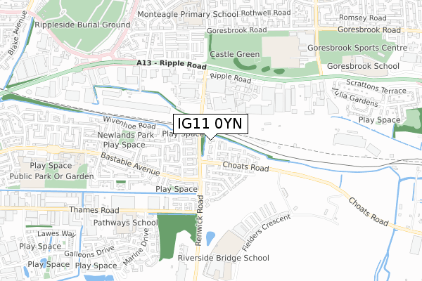 IG11 0YN map - small scale - OS Open Zoomstack (Ordnance Survey)