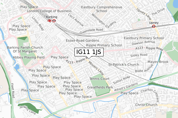 IG11 1JS map - small scale - OS Open Zoomstack (Ordnance Survey)