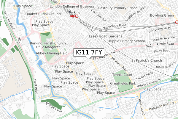 IG11 7FY map - small scale - OS Open Zoomstack (Ordnance Survey)