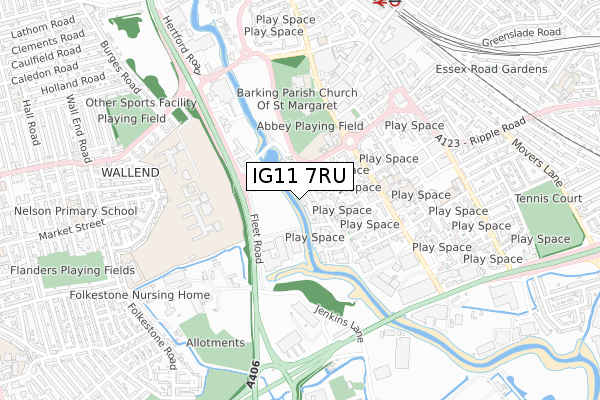 IG11 7RU map - small scale - OS Open Zoomstack (Ordnance Survey)