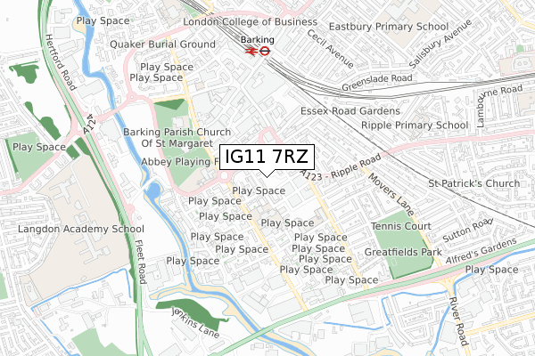 IG11 7RZ map - small scale - OS Open Zoomstack (Ordnance Survey)