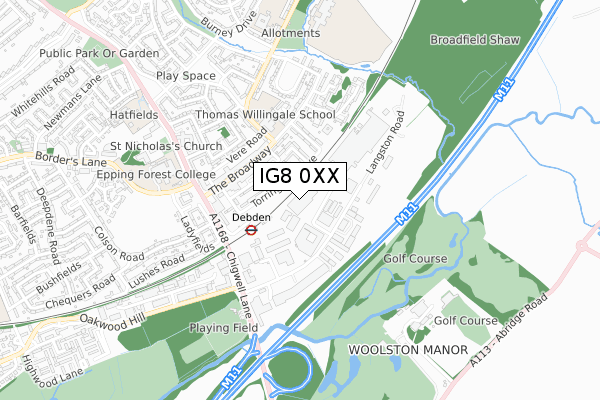 IG8 0XX map - small scale - OS Open Zoomstack (Ordnance Survey)