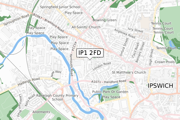 IP1 2FD map - small scale - OS Open Zoomstack (Ordnance Survey)