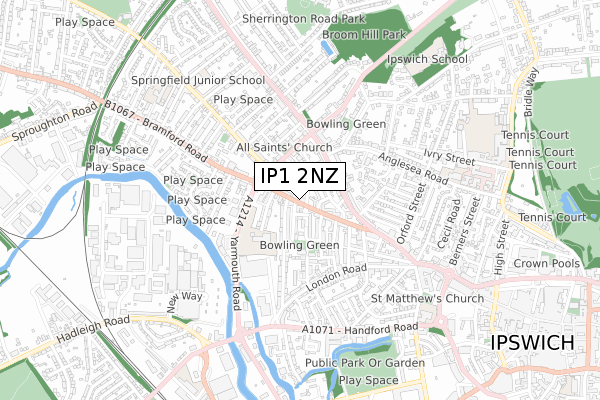IP1 2NZ map - small scale - OS Open Zoomstack (Ordnance Survey)