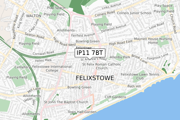 IP11 7BT map - small scale - OS Open Zoomstack (Ordnance Survey)