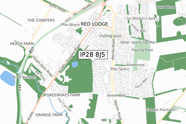 IP28 8JS map - small scale - OS Open Zoomstack (Ordnance Survey)