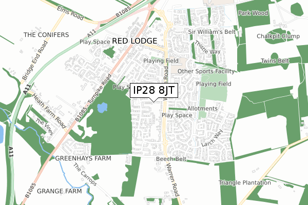 IP28 8JT map - small scale - OS Open Zoomstack (Ordnance Survey)