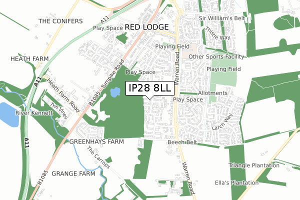 IP28 8LL map - small scale - OS Open Zoomstack (Ordnance Survey)