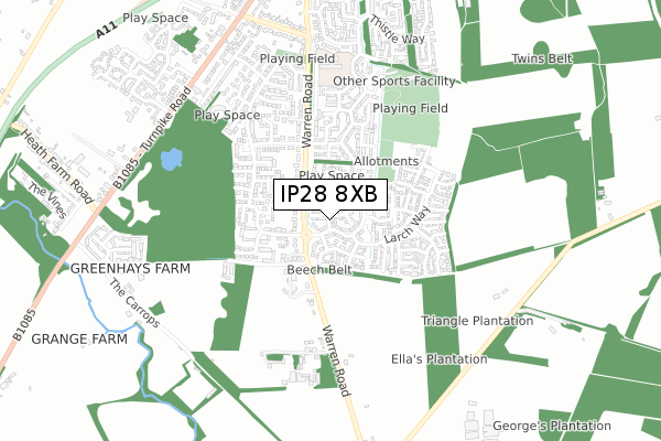 IP28 8XB map - small scale - OS Open Zoomstack (Ordnance Survey)