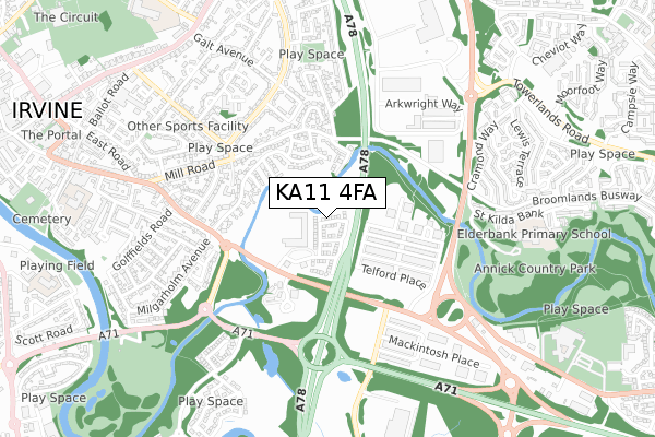 KA11 4FA map - small scale - OS Open Zoomstack (Ordnance Survey)