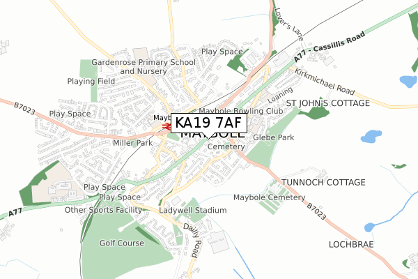 KA19 7AF map - small scale - OS Open Zoomstack (Ordnance Survey)