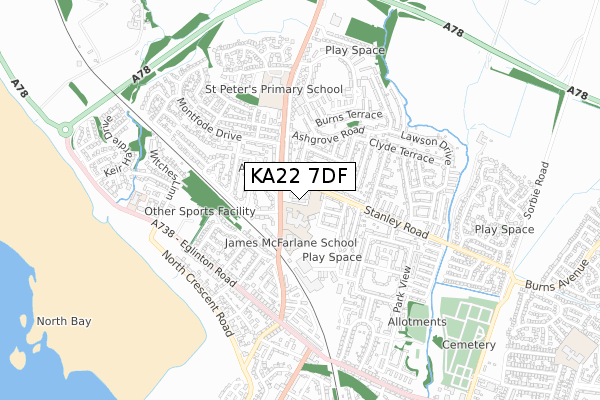 KA22 7DF map - small scale - OS Open Zoomstack (Ordnance Survey) KA22 7DF map - small scale - OS Open Zoomstack (Ordnance Survey)