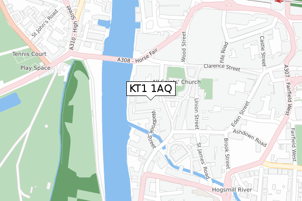 KT1 1AQ map - large scale - OS Open Zoomstack (Ordnance Survey)