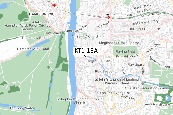KT1 1EA map - small scale - OS Open Zoomstack (Ordnance Survey)