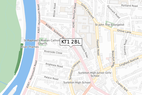 KT1 2BL map - large scale - OS Open Zoomstack (Ordnance Survey)