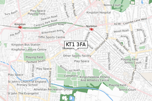 KT1 3FA map - small scale - OS Open Zoomstack (Ordnance Survey)