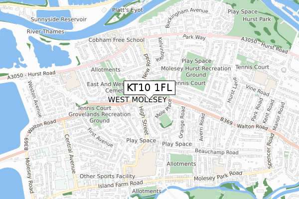 KT10 1FL map - small scale - OS Open Zoomstack (Ordnance Survey) KT10 1FL map - small scale - OS Open Zoomstack (Ordnance Survey)