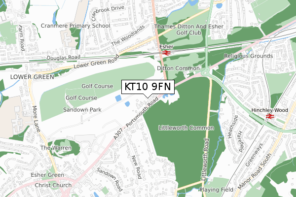 KT10 9FN map - small scale - OS Open Zoomstack (Ordnance Survey)