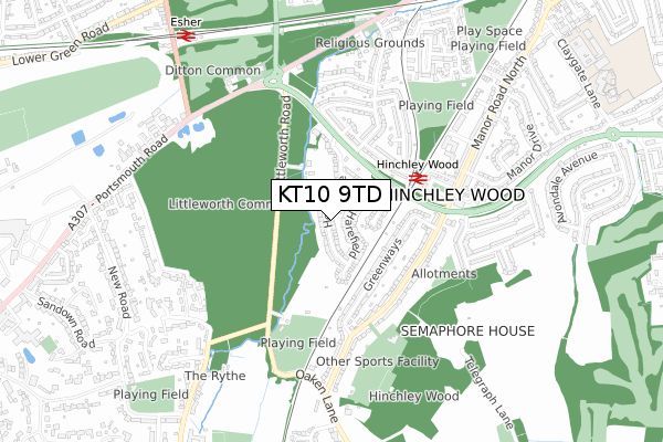 KT10 9TD map - small scale - OS Open Zoomstack (Ordnance Survey)