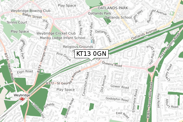 KT13 0GN map - small scale - OS Open Zoomstack (Ordnance Survey)