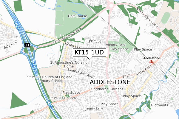 KT15 1UD map - small scale - OS Open Zoomstack (Ordnance Survey)