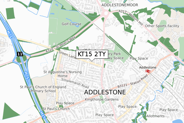 KT15 2TY map - small scale - OS Open Zoomstack (Ordnance Survey)