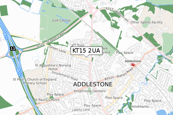 KT15 2UA map - small scale - OS Open Zoomstack (Ordnance Survey)