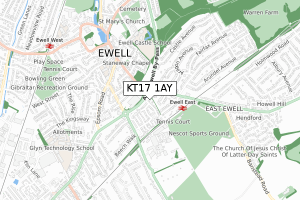 KT17 1AY map - small scale - OS Open Zoomstack (Ordnance Survey)