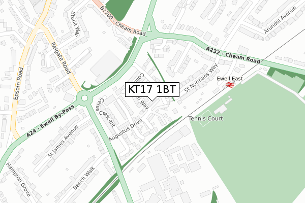 KT17 1BT map - large scale - OS Open Zoomstack (Ordnance Survey)