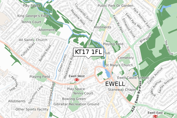 KT17 1FL map - small scale - OS Open Zoomstack (Ordnance Survey)