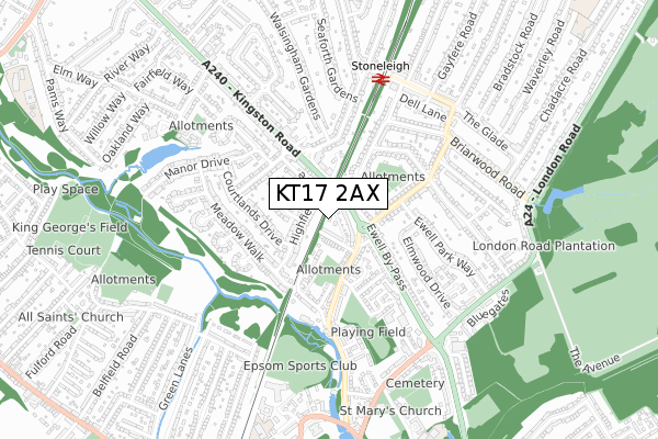 KT17 2AX map - small scale - OS Open Zoomstack (Ordnance Survey)