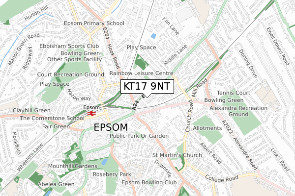 KT17 9NT map - small scale - OS Open Zoomstack (Ordnance Survey)