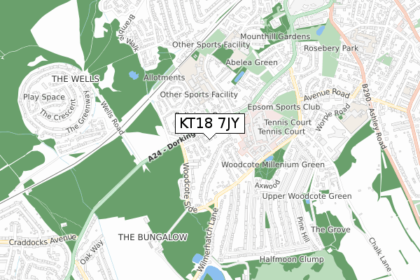 KT18 7JY map - small scale - OS Open Zoomstack (Ordnance Survey)