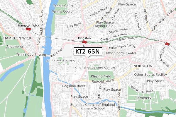 KT2 6SN map - small scale - OS Open Zoomstack (Ordnance Survey)