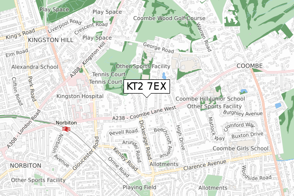 KT2 7EX map - small scale - OS Open Zoomstack (Ordnance Survey)