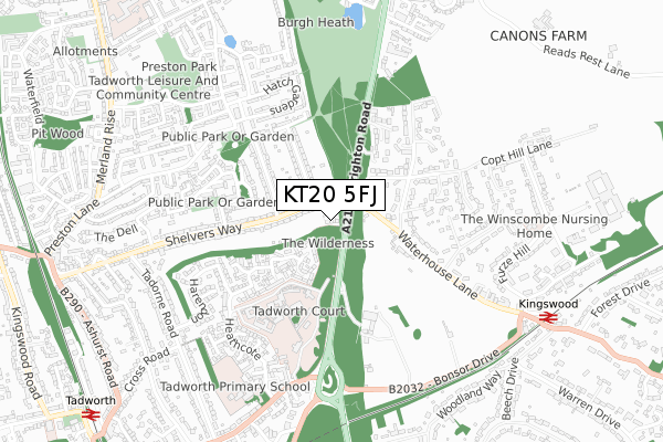 KT20 5FJ map - small scale - OS Open Zoomstack (Ordnance Survey)