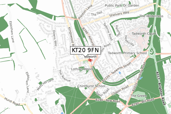 KT20 9FN map - small scale - OS Open Zoomstack (Ordnance Survey)