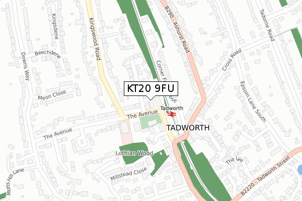 KT20 9FU map - large scale - OS Open Zoomstack (Ordnance Survey)