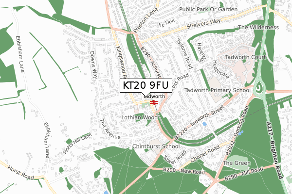 KT20 9FU map - small scale - OS Open Zoomstack (Ordnance Survey)