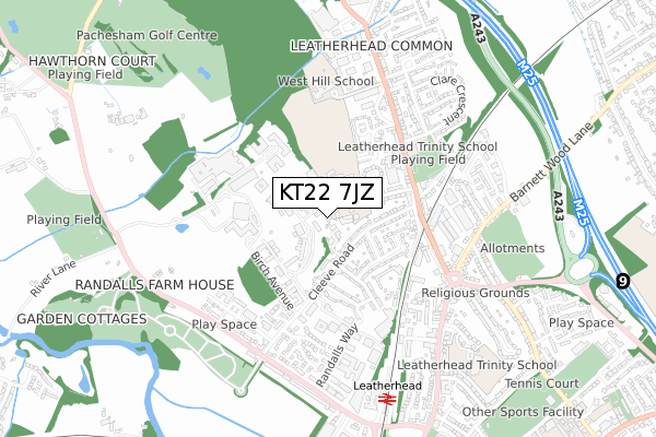 KT22 7JZ map - small scale - OS Open Zoomstack (Ordnance Survey)