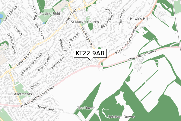 KT22 9AB map - small scale - OS Open Zoomstack (Ordnance Survey)