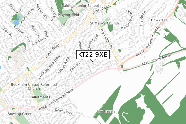 KT22 9XE map - small scale - OS Open Zoomstack (Ordnance Survey)