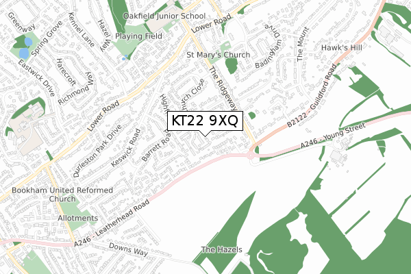 KT22 9XQ map - small scale - OS Open Zoomstack (Ordnance Survey)